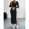 Mode Herbst Einfarbig Elegant Gestrickt Damen Langes Kleid Winter Langarm Pulloverkleider O-Ausschnitt Slim Sexy Clubkleid