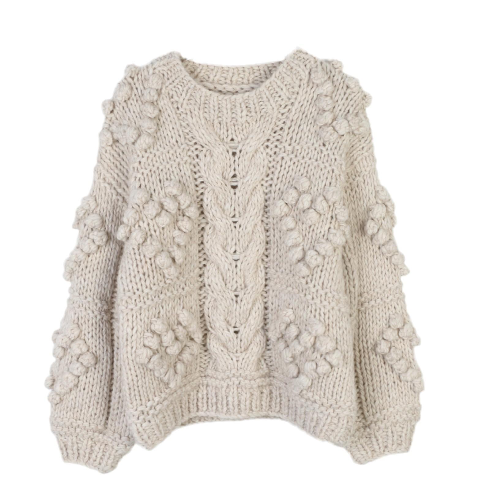 

Handmade Chunky Cable Knit Wool Sweater - Heart Pattern Loose Fit S