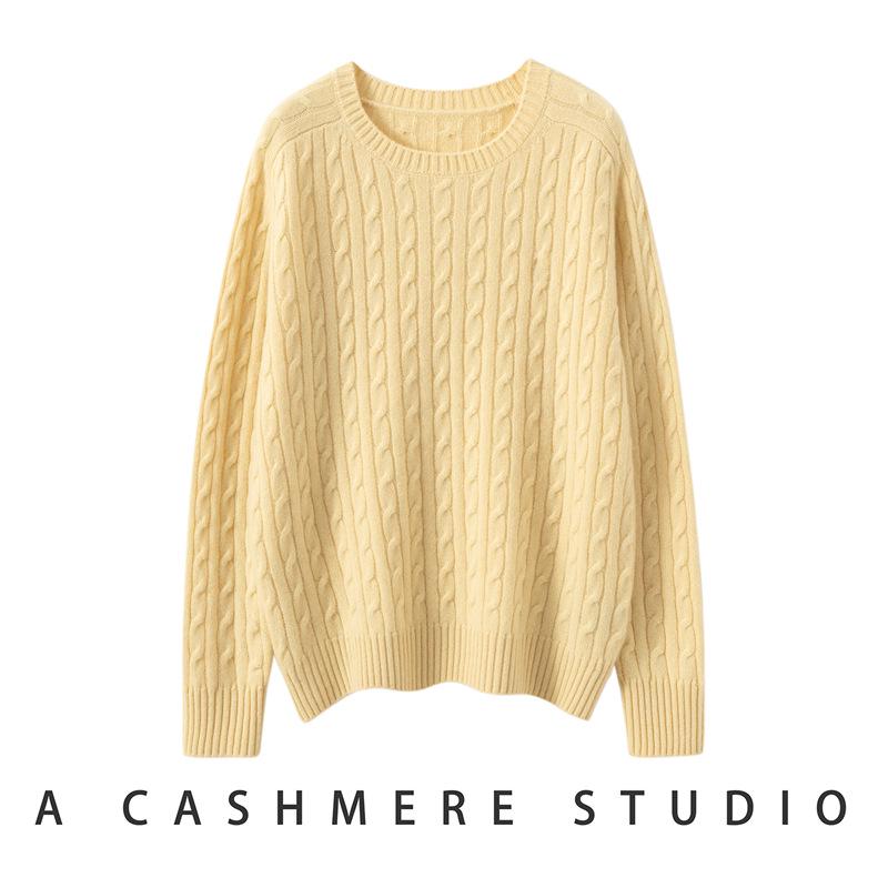 Women's Pure Cashmere Cable Knit Sweater: Thickened, Round Neck, Loose Fit, Slimming Knitwear for Autumn and Winter.