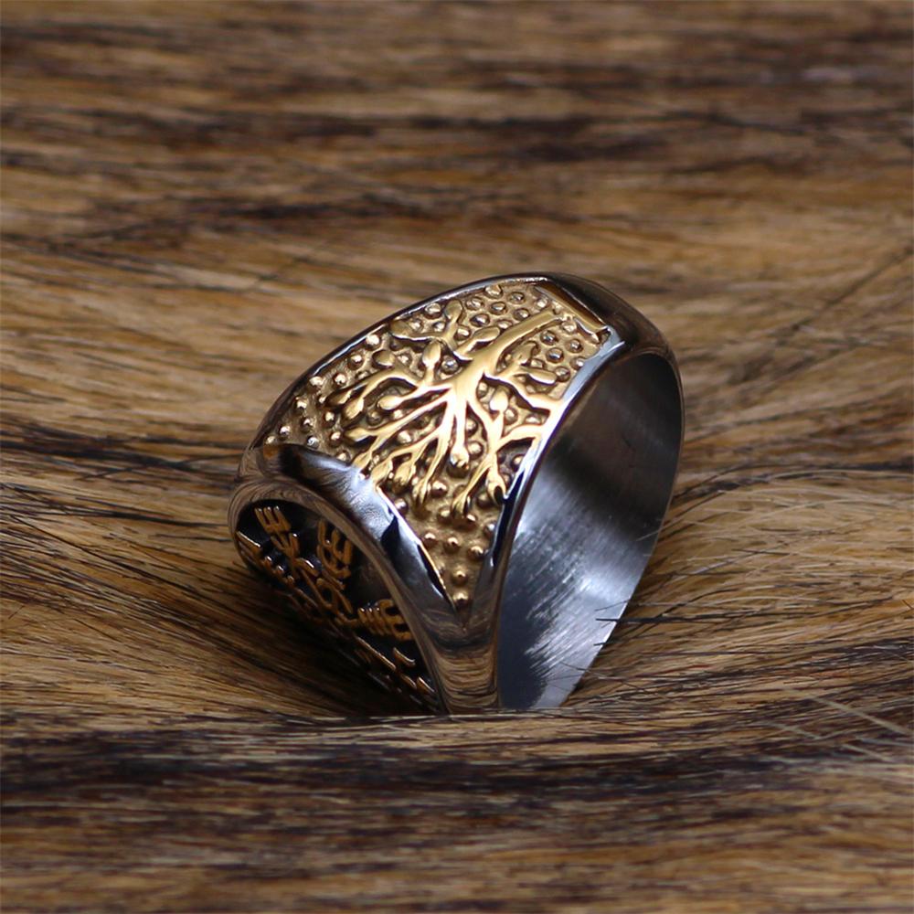 Never Fade Gold Color Viking Trident Rune Rings Men Stainless Steel Norse Mythology Valknut Amulet Finger Ring Male Jewelry Gift