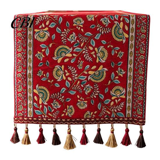 Tassel Edge Table Runner Jacquard Runner, Vintage Floral Elegant Home Decor Accessory with Tassels for Dining Party Scratch Protection