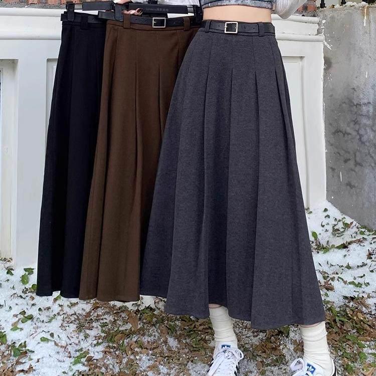 Women's Plus Size Gray Wool Blend High-Waisted Pleated Midi Skirt - Slimming Flowy Autumn Style