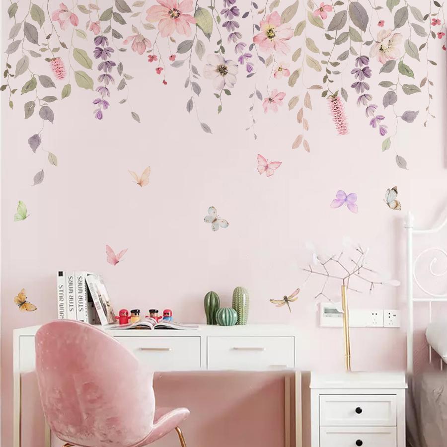 Pink Rose Butterfly Wall Stickers For Girl's Bedroom Living Room Decor Removable Peel And Stick Spring Summer