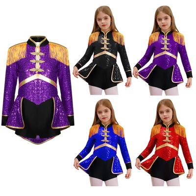 Kids Ringmaster Bodysuit Costume for Girls, Circus Magician Sequin Outfit with Long Sleeve Fringe Epaulets, Theme Party Wear