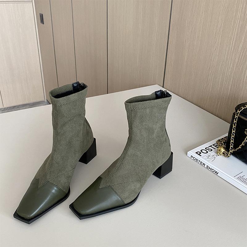 

2025 new suede splicing elastic thin short boots versatile square head thick heel rear zipper short boots 39