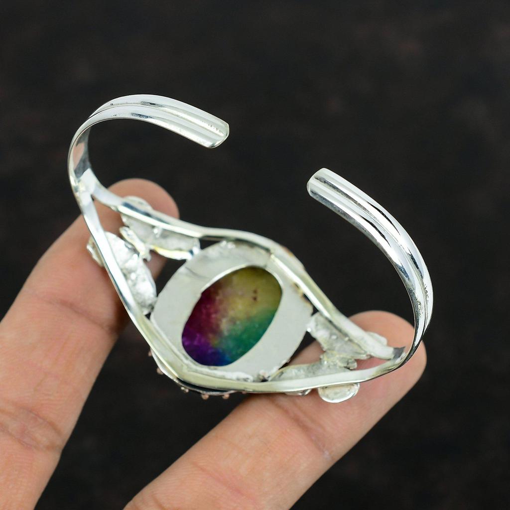 Rainbow Solar Quartz Druzy Bangle 925 Sterling Silver Gemstone Cuff Bracelet 18K Gold Plated Adjustable Bangle Butterfly Bangle Gift For Her