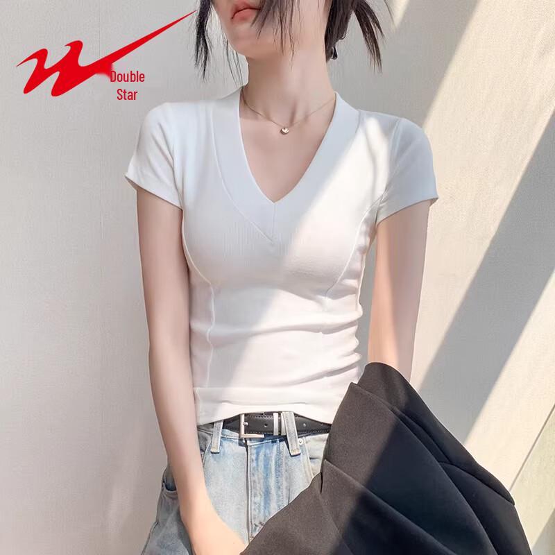 Women s V-Neck Fishbone Design Ribbed Short Sleeve T-Shirt 2XL