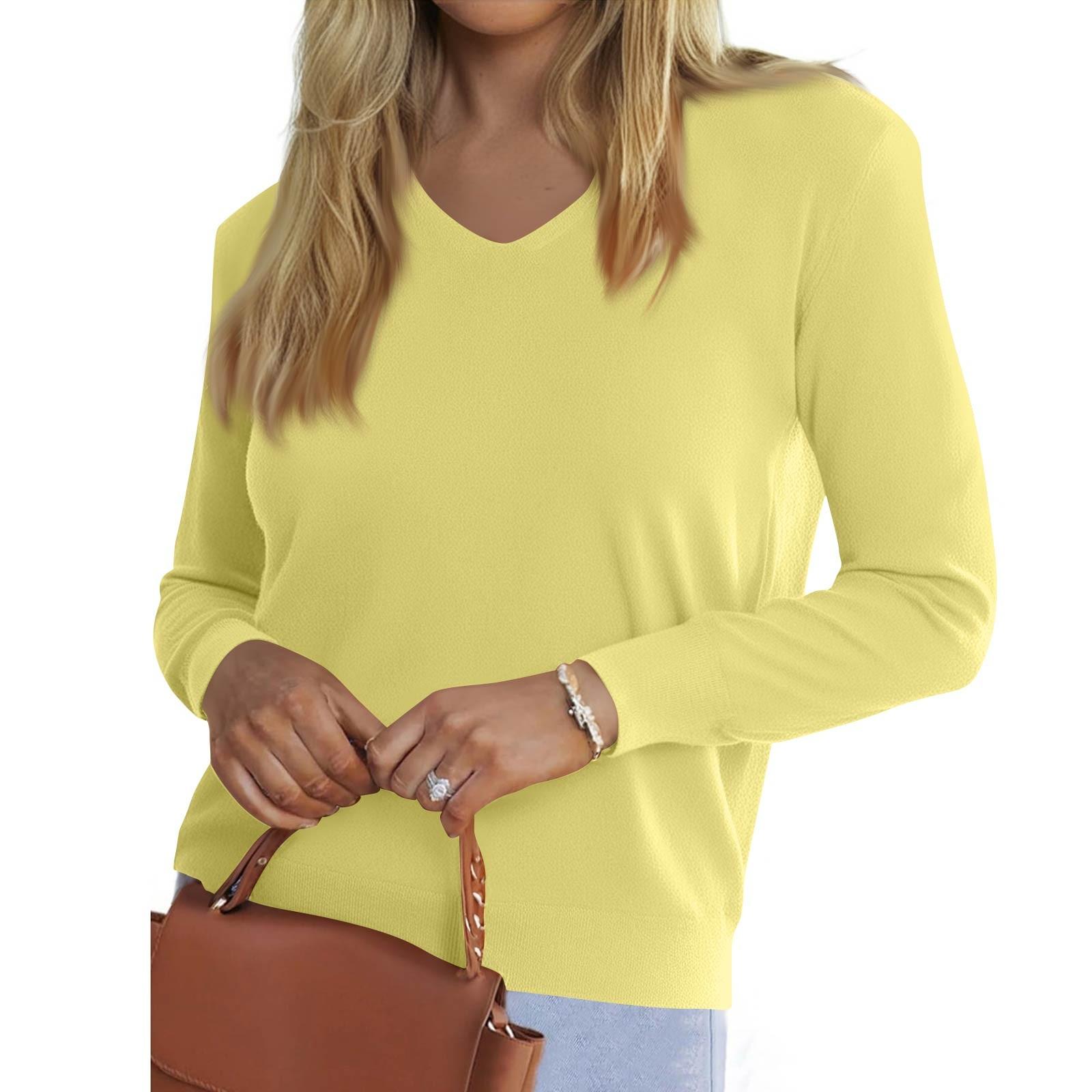 

Women s Fashionable Casual V Neck Solid Color Long Sleeve Top XL жёлтый