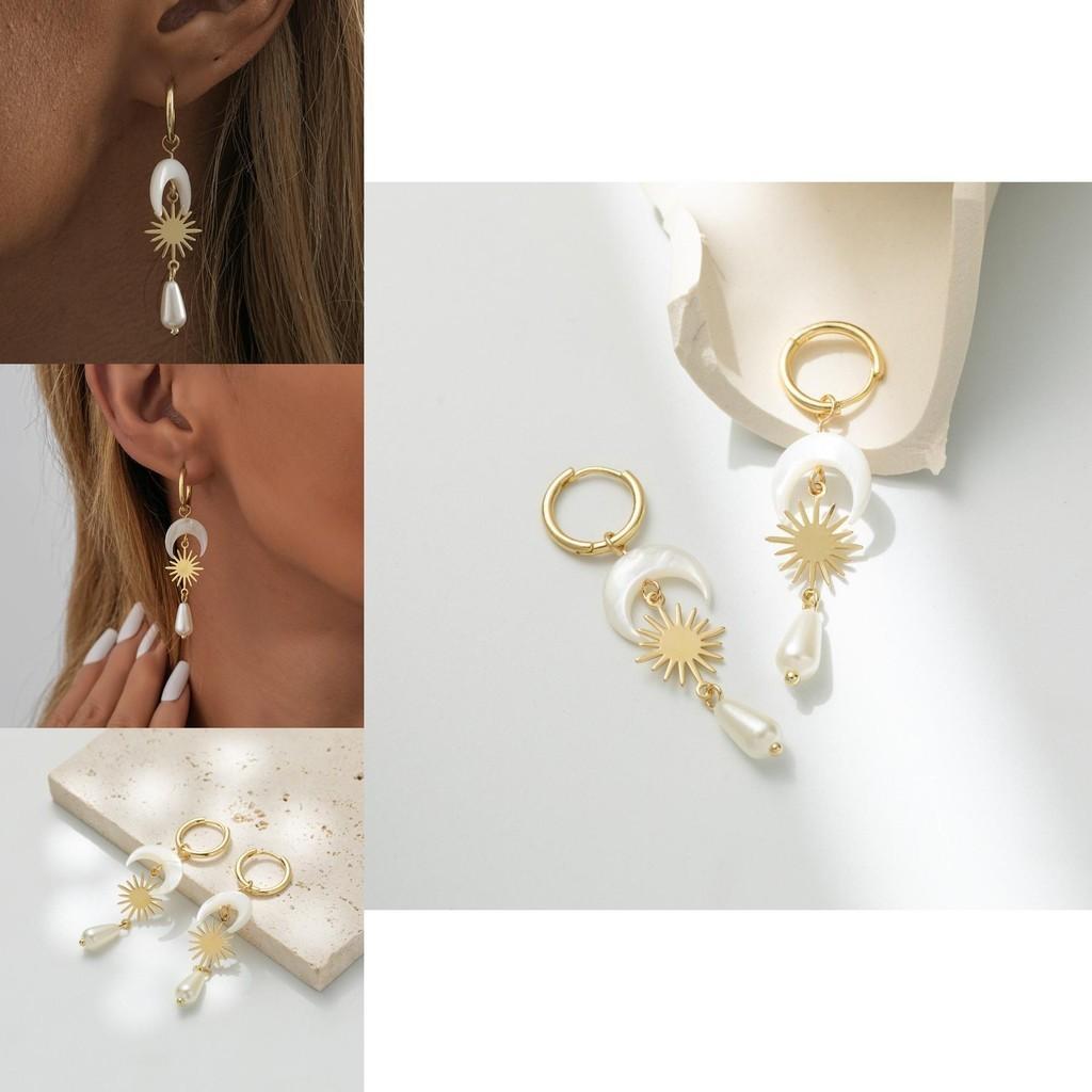Plated Sophisticated Gold Moon Teardrop Earrings With Natural Shell