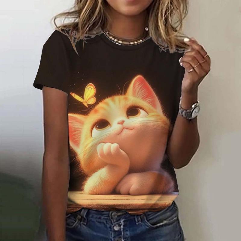 Damski T-shirt dla Dziewczyn Wzór Słodkiego Kota Nadruk 3D Topy Lato Krótki Rękaw Casual Moda Odzież Damska Oversize T-shirty
