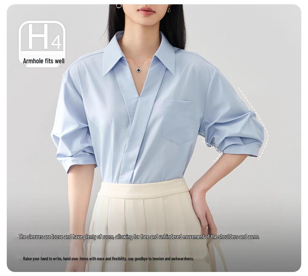 Women's Elegant V-Neck Lapel White Short-Sleeve Shirt, Chic Summer Style, Unique Design