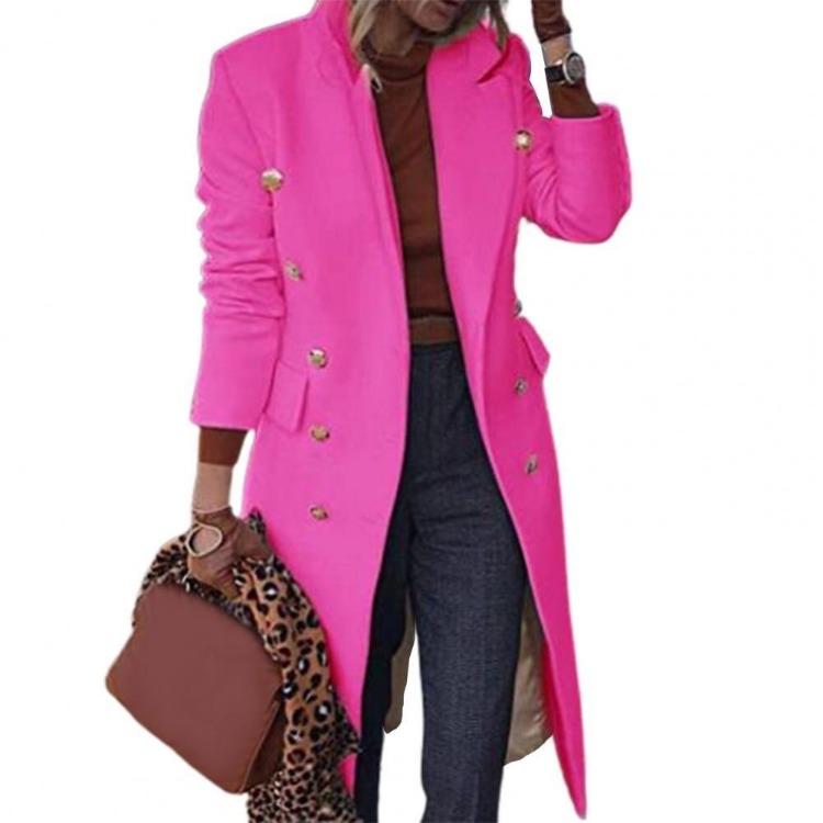 Winter Women's Wool Coat Double Breasted Knee Length Jacket Solid Color Lapel Design Fall Outerwear Plus Size Options
