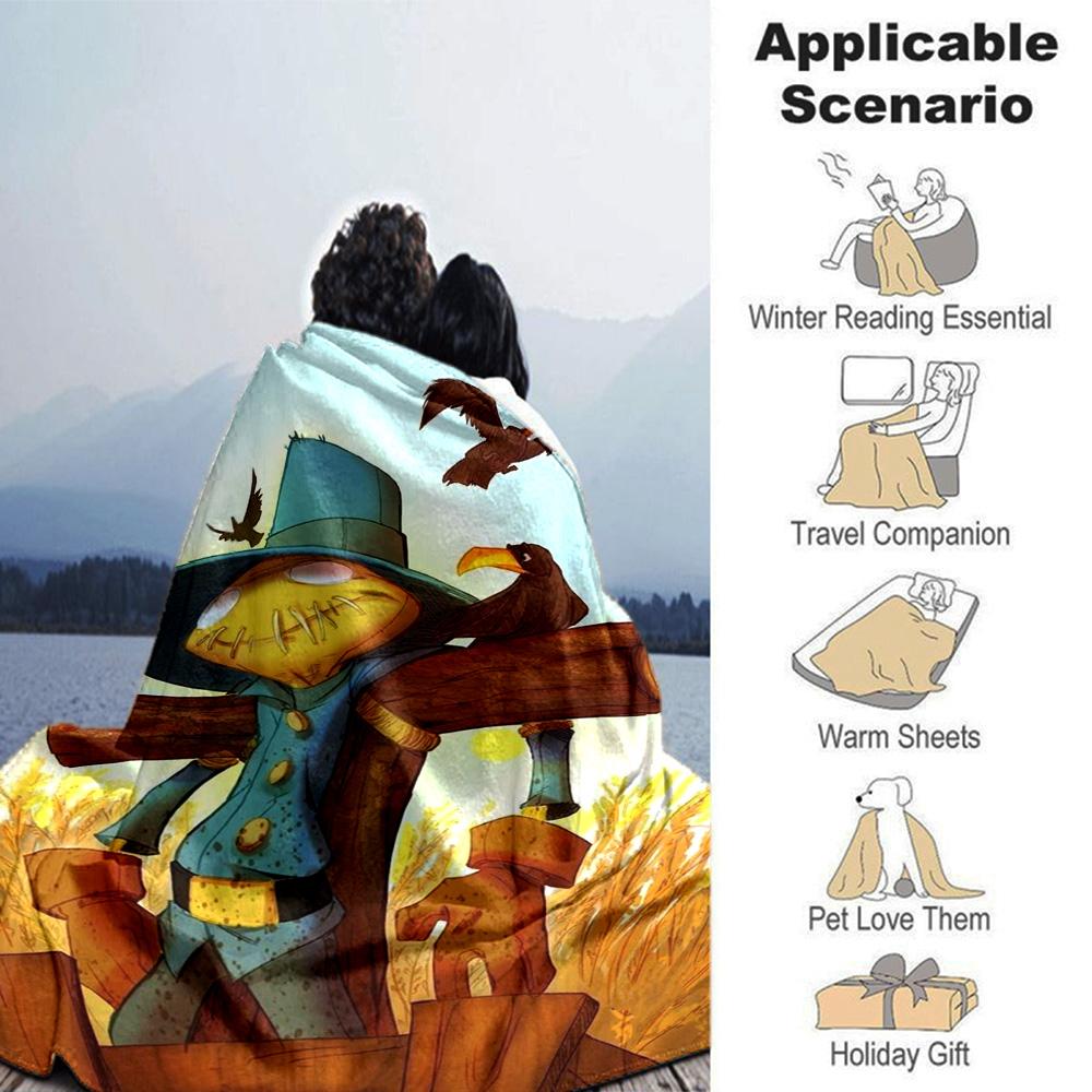 Cartoon Scarecrow Crow Wheat Field Print Flannel Throw Blanket Soft Warm Blanket for Sofa Couch Bed Home Decor