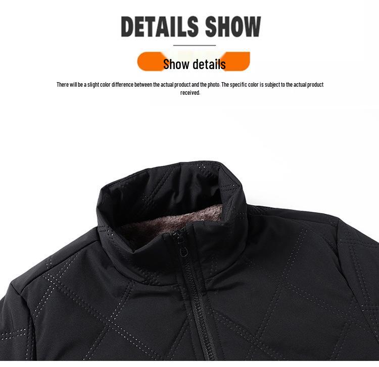Men’s 2025 Winter Stand Collar Windproof Cotton Jacket - Thick Velvet, Middle-Aged Dad Style