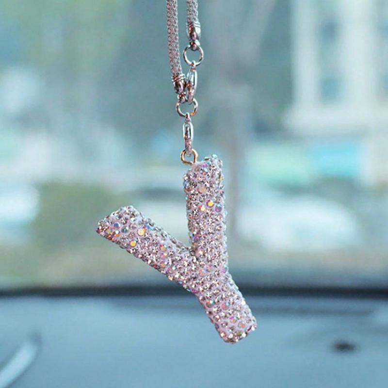 1pc Rhinestone A-Z Letter Car Rearview Mirror Pendant, Car Interior Decor