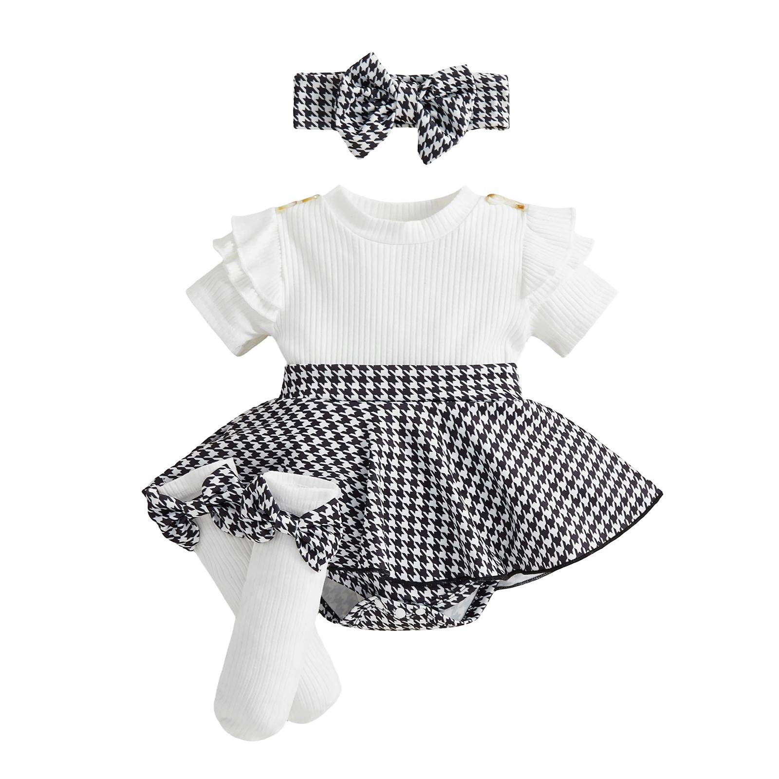 

Toddler Infant Baby Girl Spring Outfit Short Sleeve Ribbed Romper Dress Bow Headband and Socks 3 Piece Set 1-3M белый