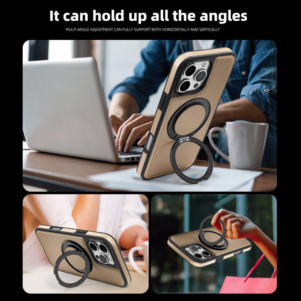 For iPhone 16 Pro Max Case with Ring Kickstand Compatible with MagSafe PU Leather Back Cover