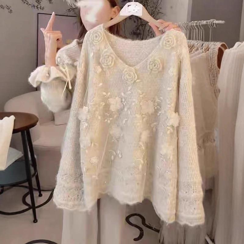 Three-dimensional flower design knitted sweater top autumn and winter new loose gentle wind sweater pullover woman