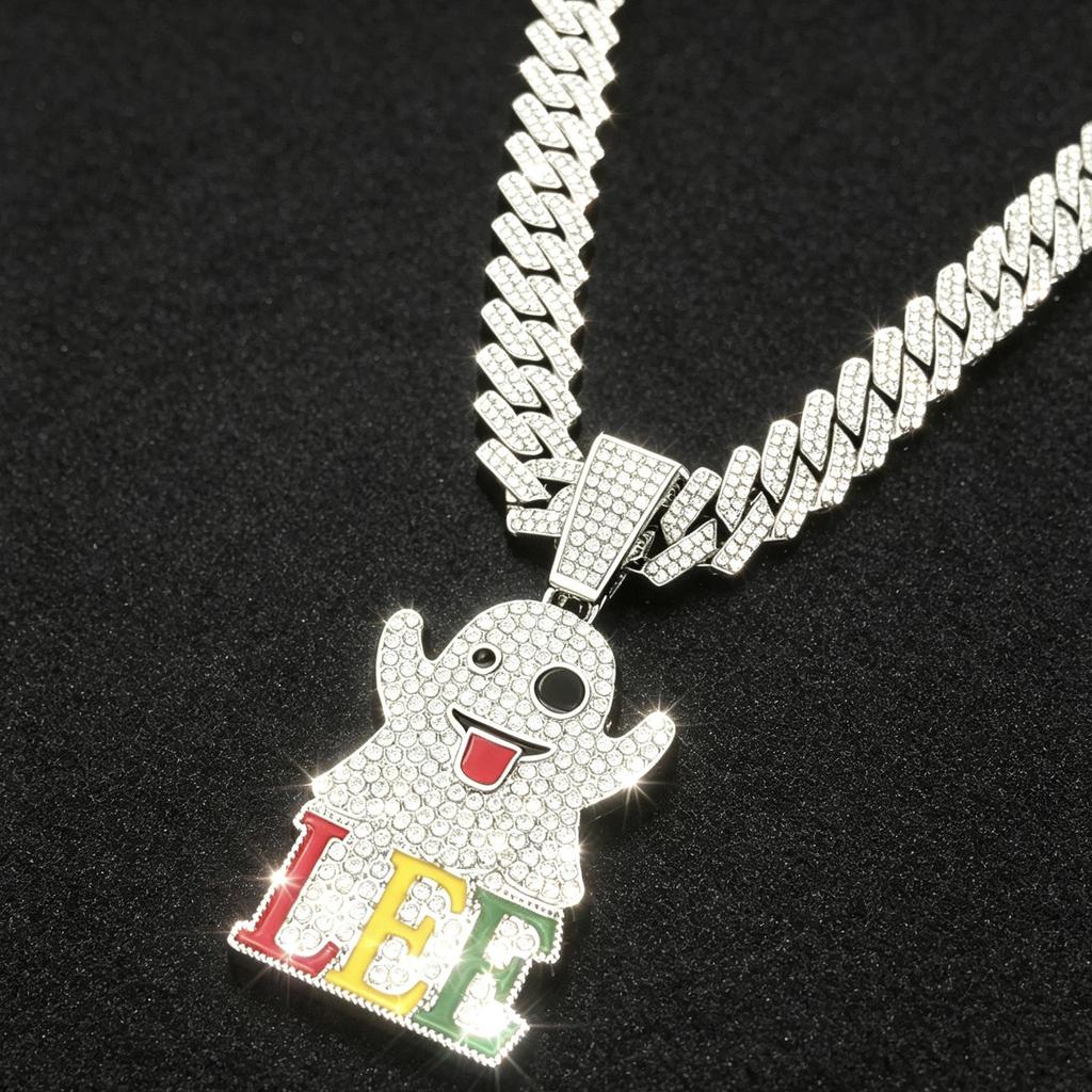 European-American Trendy Ghost Pendant: Rhinestone Hip Hop Accessory with Tongue-Out Expression