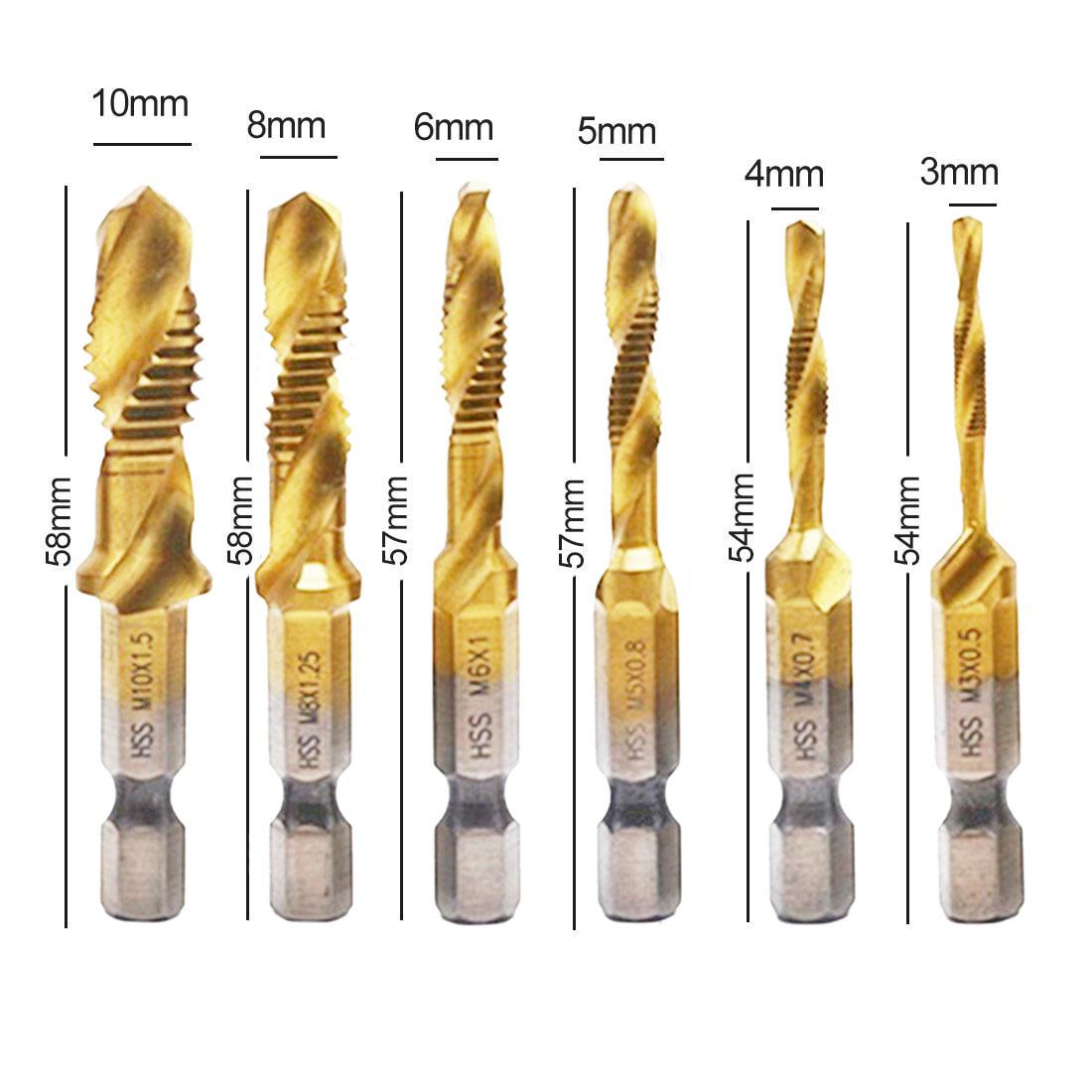 

6 шт. 1/4 метчик с шестигранным хвостовиком M3 M4 M5 M6 M8 M10 деревообрабатывающий инструмент HSS резьба спиральный винт метрический композитный метчик сверло золотой
