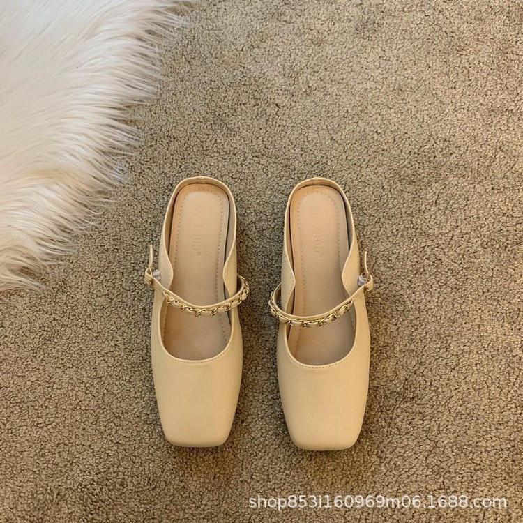

2025 summer Korean version of the new square head flat bottom metal chain bag head half slippers women wear Muller slippers women 35