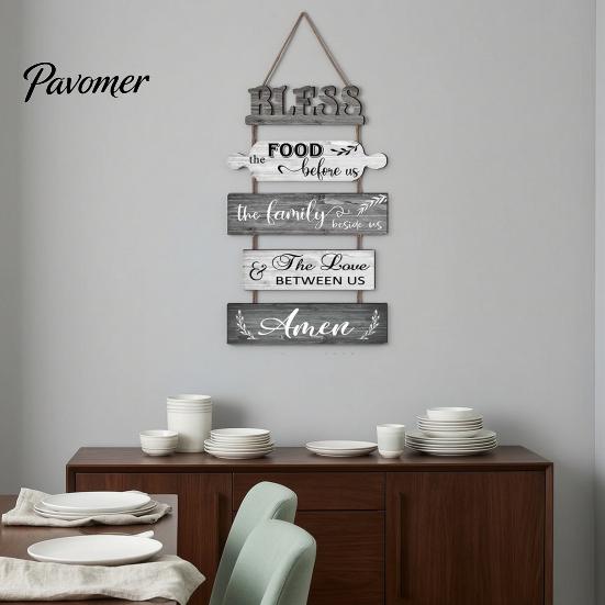 Kitchen Wall Plaque with Rope Wooden Decor, 5 Panel Bless Food Family Love Farmhouse Style Decor Hanging Sign, Art for Dining Room Living Splicing