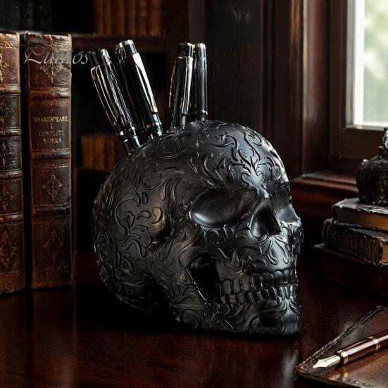 Halloween Room Decor Skull Makeup Brush Holder, Matte Black Gothic Skeleton Pen Organizer Spooky Home Decorations for Desk, Resin Storage Figurine