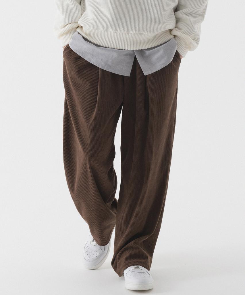 PIANER Corduroy One-Tuck Stitch Wide Pants (Brown)