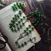 Christian Green Stone Rosary Necklace with Beads Cross Pendant Church Jewelry Sweater Chain Accessory