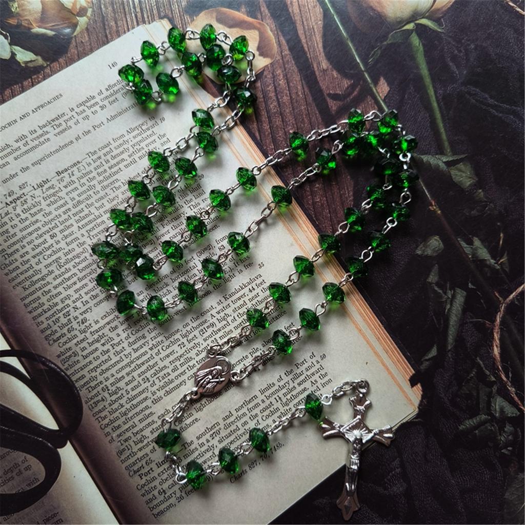 Christian Green Stone Rosary Necklace with Beads Cross Pendant Church Jewelry Sweater Chain Accessory