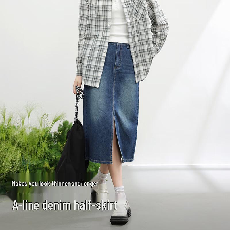Baleno Women's High-Waist Retro Blue Denim Mid-Length Skirt