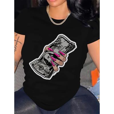Finger & Dollar Print Crew Neck T-shirt, Casual Short Sleeve Summer Top, Women's Clothing