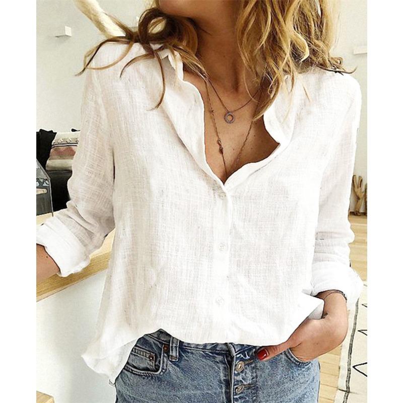 Spring and Autumn Ya Ma Xun, Women s Casual Loose Long Sleeve Linen Shirt Large Size Women s Clothing S белый