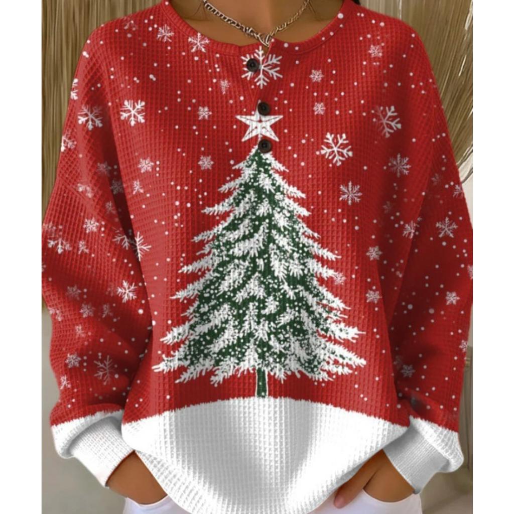 Women's Crew Neck Long Sleeve Waffle Knit Henley Top Loose Fit Casual Sweatshirt