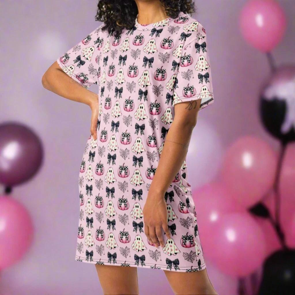 Pink Halloween T-Shirt Dress, Cute & Comfy Halloween Fall Sleep Shirt 2XL