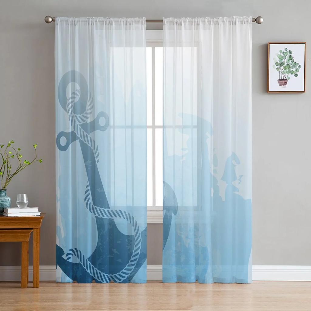 Båt Ankare Ränder Rektangel Vit Tyll Skira Fönstergardiner för Vardagsrum Sovrum Modern Voile Organza Gardiner Draperier