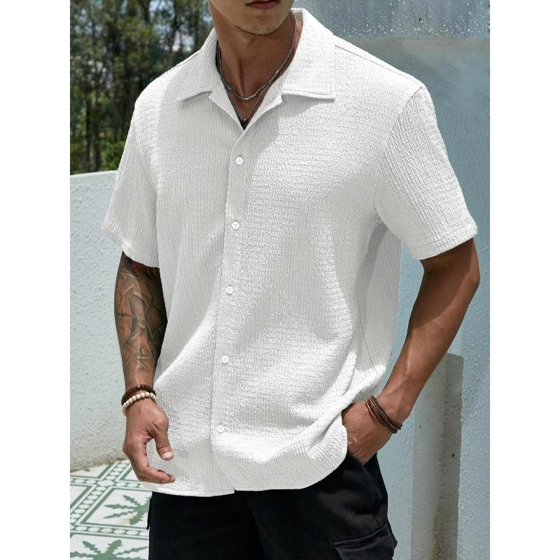 Men s White Textured Short Sleeve Cuban Collar Shirt Casual Button Down Top S белый