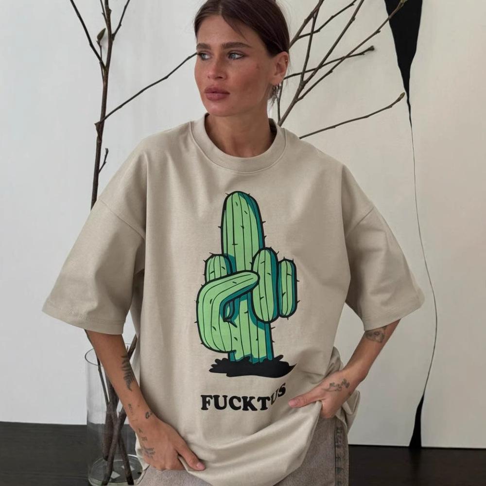 Hirsionsan Kaktus Grafik Bedrucktes T-Shirt Damen Sommer Cotto