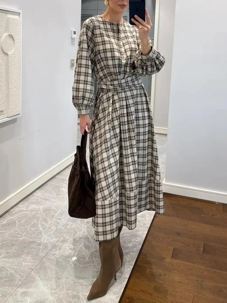 2026 European and American women s clothing, loungewear long pajamas plaid digital printing long-sleeved crew neck dress S
