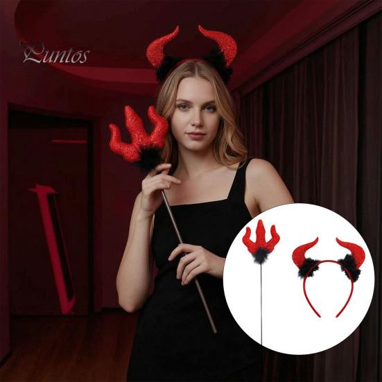 Halloween Costume Accessories Red Devil Costume, Glitter Horn Headband And Trident Prop Glittery Kit for Cosplay, Masquerade Party Performance Adults