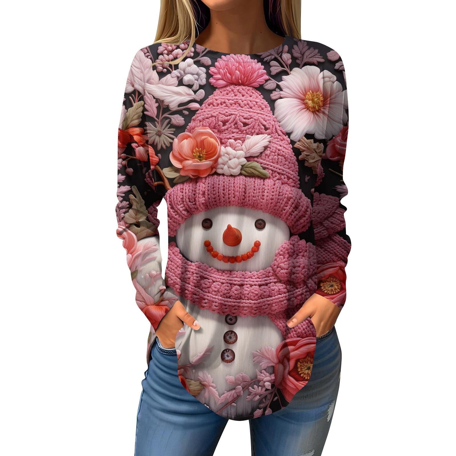 Женская свободная футболка с круглым вырезом и рождественским принтом — фото 6