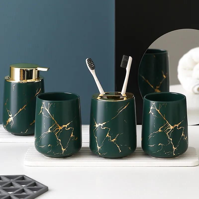 Matte Gold Ceramics Bathroom Set Decor Soap Dispenser Toothbrush Holder cup Soap Dish tray Mouthwash Cup bathroom Washing Set