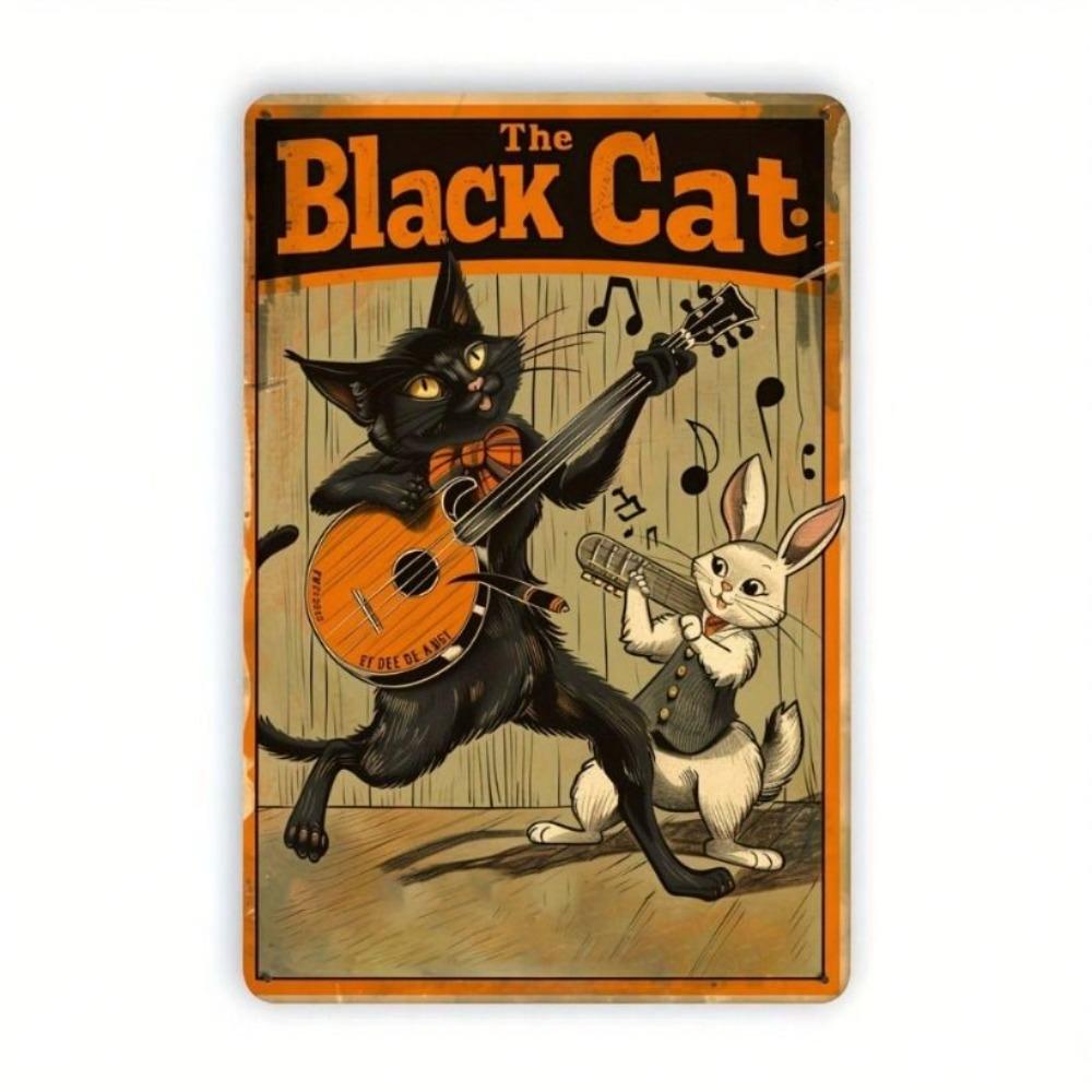 Vintage Zwarte Kat en Konijn Muzikant Metalen Poster Wanddecoratie