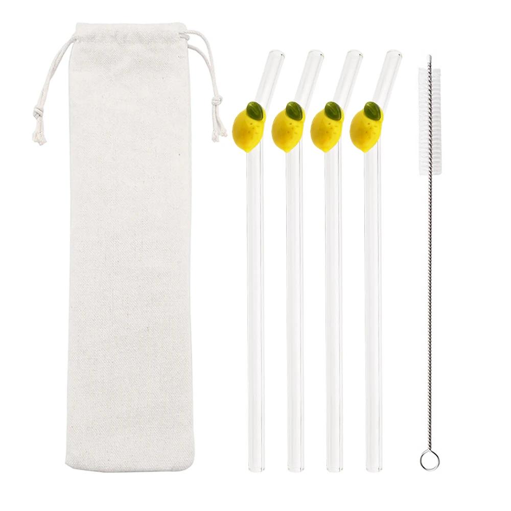 200*8mm Drinking Straw Set with Brush 4/5pcs Lemon Glass Straws High Borosilicate Bent Glass Straw Home Party Bar Drinkware