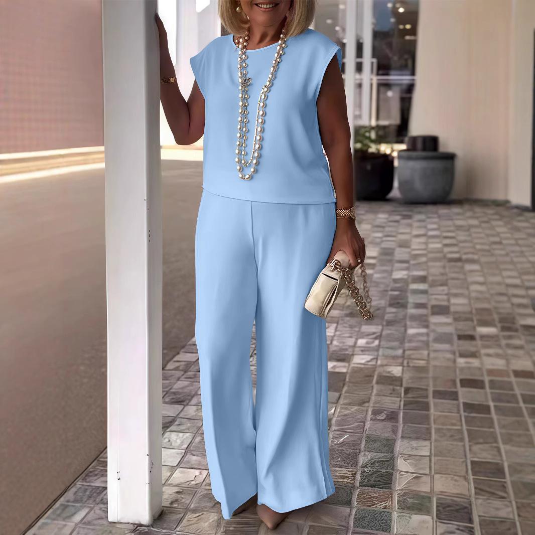 

Женские комплекты однотонные повседневные спортивные топы с круглым вырезом без рукавов и брюки XXL