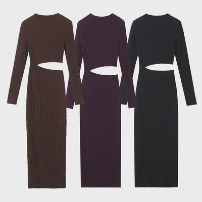 Women's European & American Style Round Neck Hollow Slim Dress with Long Sleeves