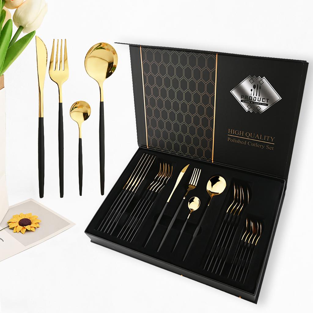 24pcs Pink Gold Dinnerware Set Knife Forks Spoon Cutlery Set with Gift Box Stainless Steel Spoon Flatware Kitchen Tableware