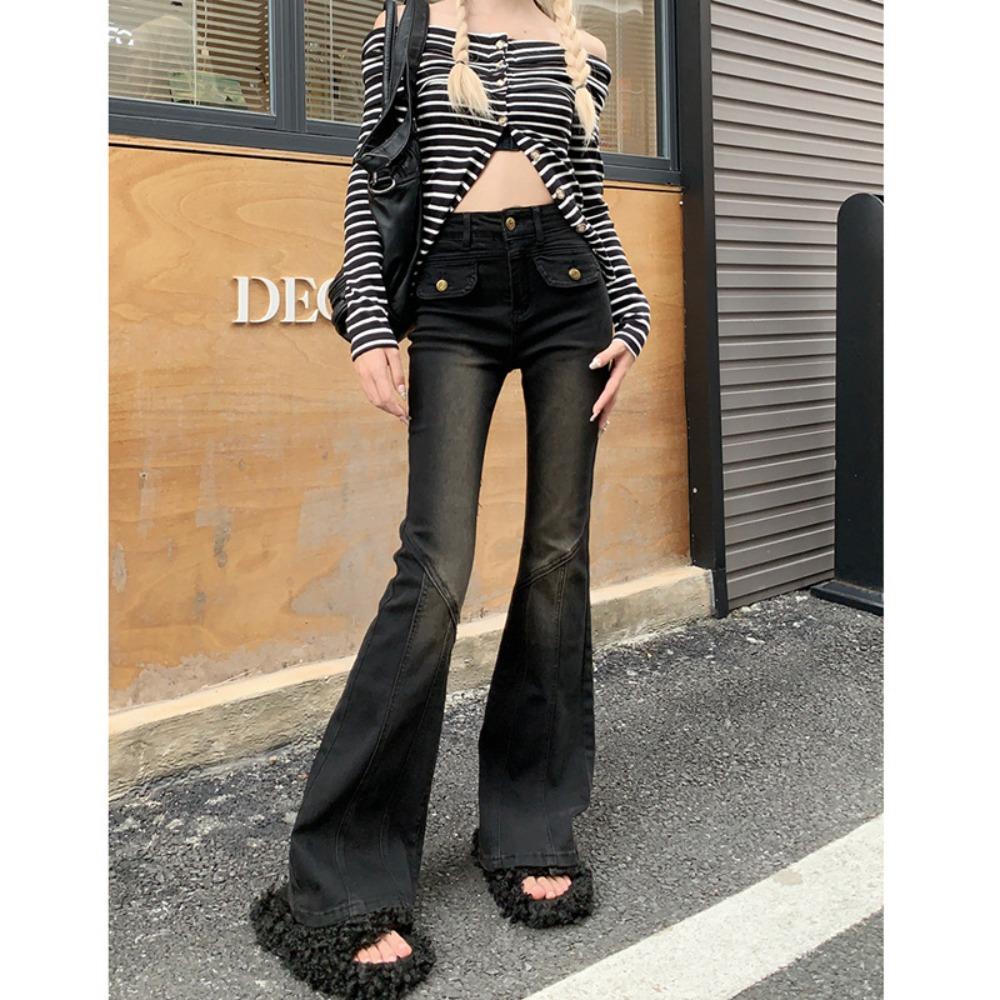 American personalized micro-pull jeans women's spring and autumn new slim-fitting, thin and high-waisted horseshoe jeans