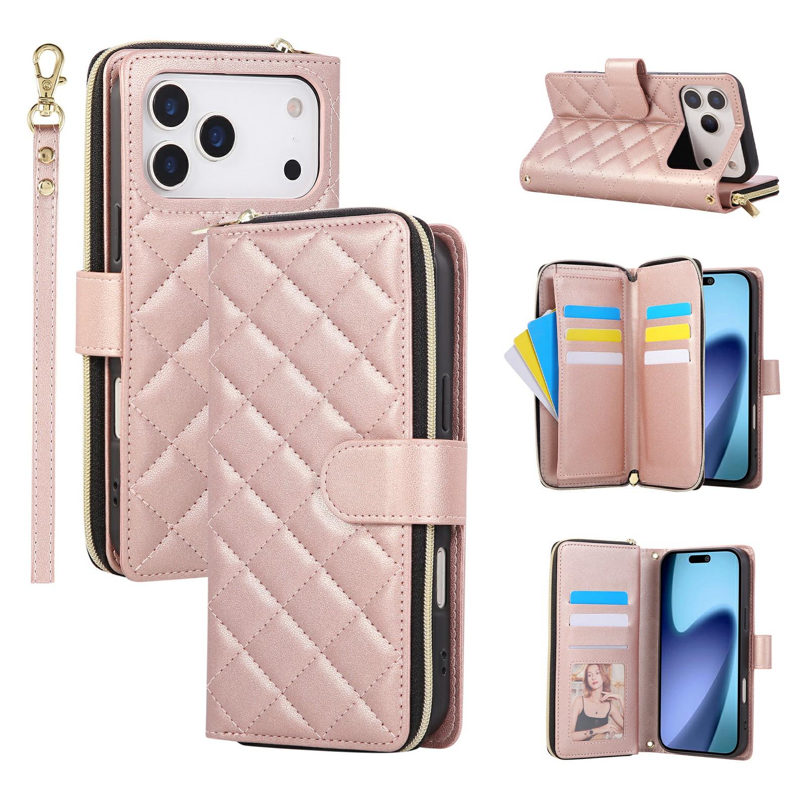 

For iPhone 17 Pro Max Case Zipper Wallet Rhombus PU Leather Crossbody Phone Cover Rose Gold