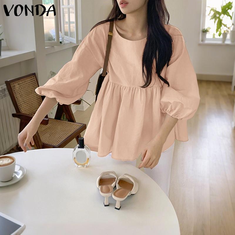 VONDA Women Round Neck Casual Long Sleeve Elegant Oversized Blouse